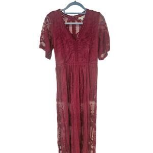 Honey Punch maxi lace dress romper burgundy red womens large romantic garden